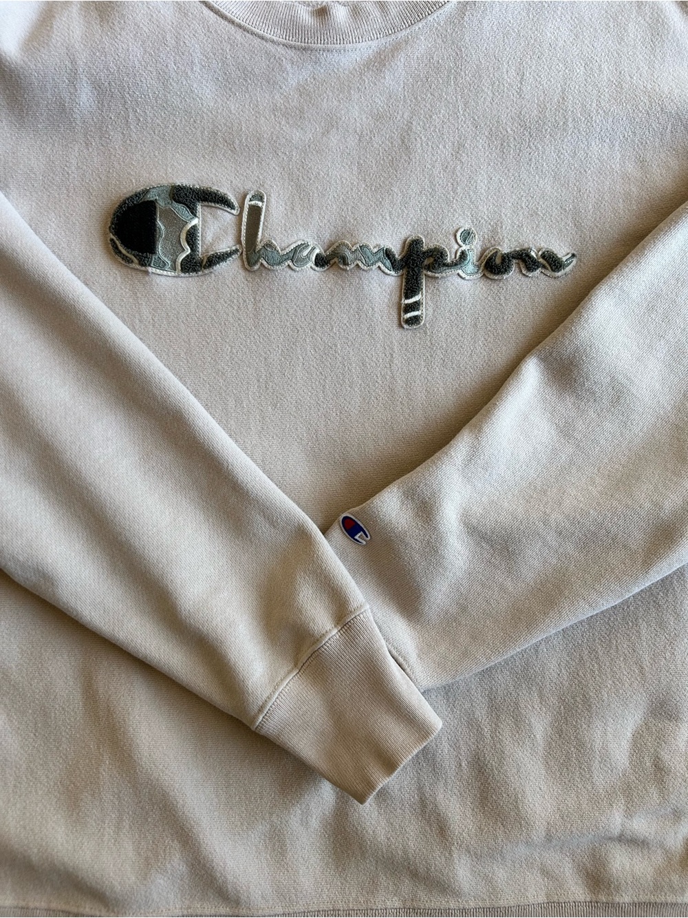 Champion Reverse Weave Crewneck Sweatshirt XL Beige Embroidered Logo